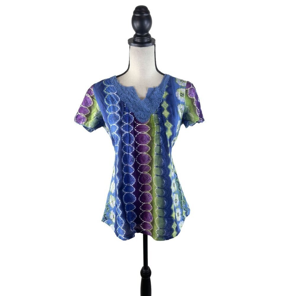 Short Sleeve Tie Dye Floral Multicolor Tie Back Tunic Top Artsy Size Small